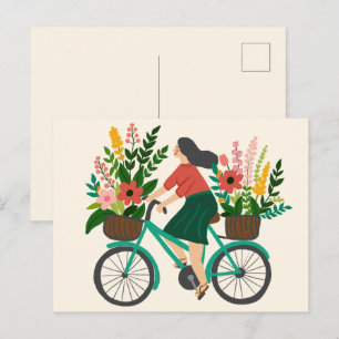 Süßes Mädchen fährt Fahrrad mit Blumen individuell Postkarte