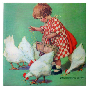 Süßes Mädchen füttert Hühner von Jessie Willcox Sm Fliese