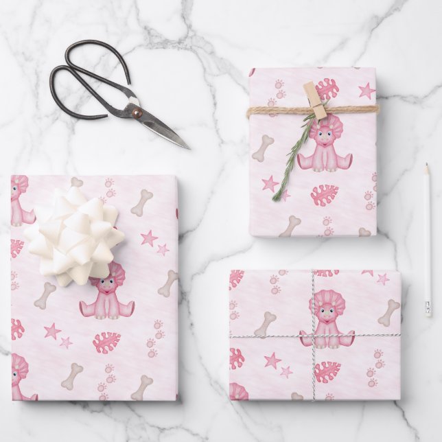 Süßes Mädchen Geburtstag Rosa Dinosaurier Geschenkpapier Set (Vorderseite)