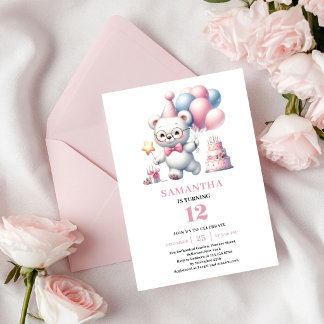 Süßes Mädchen Geburtstags-Teddybär Rosa Elfenbein- Einladung