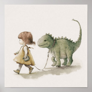 Süßes Mädchen geht mit Dinosaurier Wandkunst Poste Poster