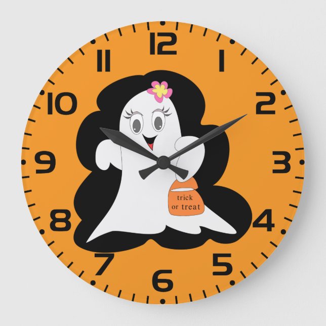 Süßes Mädchen-Geist Halloween-Süßigkeiten oder Sau Große Wanduhr (Vorderseite)