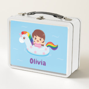Süßes Mädchen im Einhorn-Regenbogen-Pool-Schwimmri Metall Brotdose