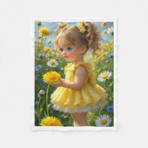 Süßes Mädchen im gelben Kleid Blumenfeld Fleece Bl
