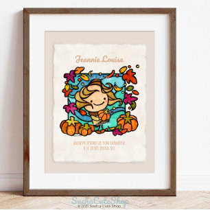 Süßes Mädchen Kürbisfeld Herbstwind Whimsical Herb Poster