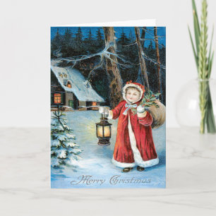 Süßes Mädchen Laterne Holly Winter Cottage Feiertagskarte