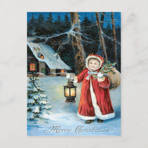 Süßes Mädchen Laterne Stechpalme Winterhäuschen Postkarte