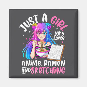 Süßes Mädchen liebt Anime-Ramen-Skizze Magnet