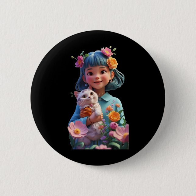 Süßes Mädchen mit Blume Lustiges Unisex-Design für Button (Vorderseite)