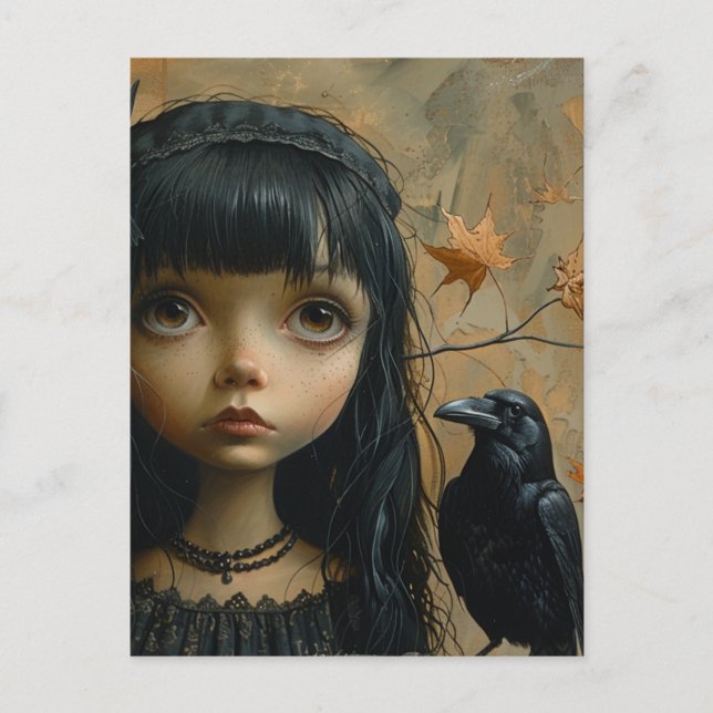 Süßes Mädchen mit einem schwarzen Vogel Postkarte (Vorderseite)