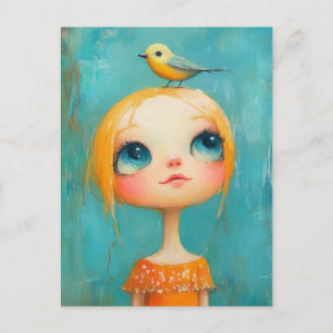 Süßes Mädchen mit einem Vogel auf dem Kopf Postkarte