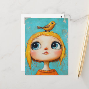 Süßes Mädchen mit einem Vogel auf dem Kopf Postkarte