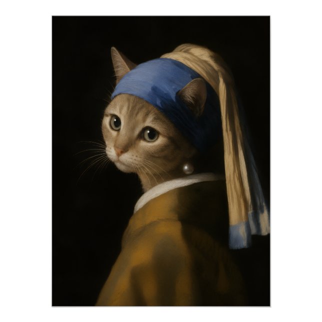 Süßes Mädchen mit einer Perlenohrring-Katzenkunst Poster (Vorderseite)