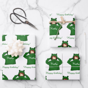 Süßes Mädchen mit grünem Frosch-Hoodie-Zeichnung Geschenkpapier Set