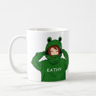 Süßes Mädchen mit grünem Frosch-Hoodie-Zeichnung Kaffeetasse