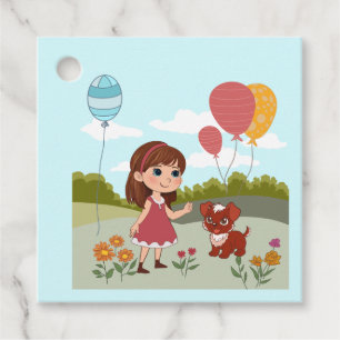 Süßes Mädchen mit Hund und Luftballons  Geschenkanhänger