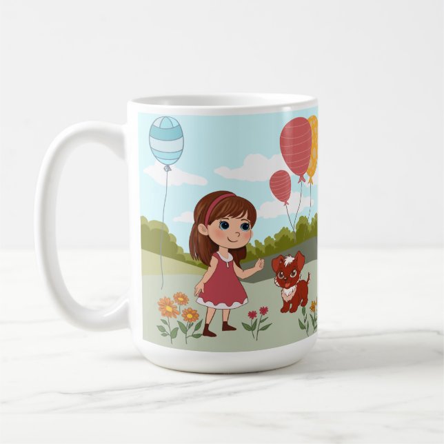 Süßes Mädchen mit Hund und Luftballons  Kaffeetasse (Links)