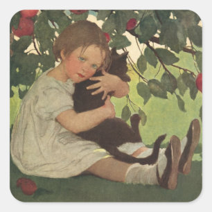 Süßes Mädchen mit ihrer lustigen Retro-Katze Stick Quadratischer Aufkleber