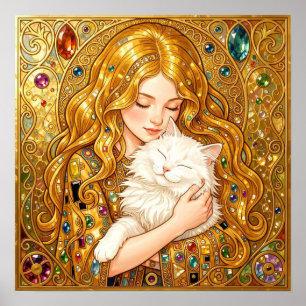 Süßes Mädchen mit Katze im Art Nouveau Stil von Gu Poster