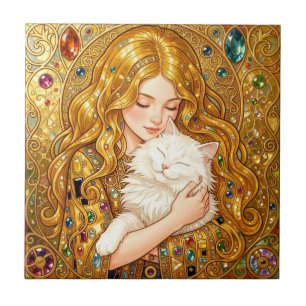 Süßes Mädchen mit Katze im Jugendstil von Gustav K Fliese
