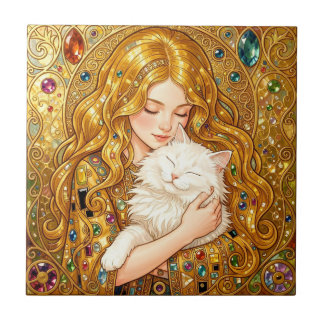 Süßes Mädchen mit Katze im Jugendstil von Gustav K Fliese