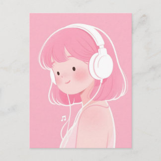 Süßes Mädchen mit rosa Haaren hört Musik Postkarte