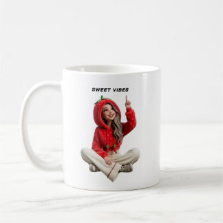 Süßes Mädchen mit rotem Hoodie, das nach oben zeig Kaffeetasse