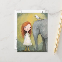 Süßes Mädchen mit roten Haaren mit Elefant und Vog Postkarte