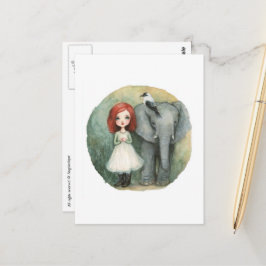 Süßes Mädchen mit roten Haaren mit Elefant und Vog Postkarte