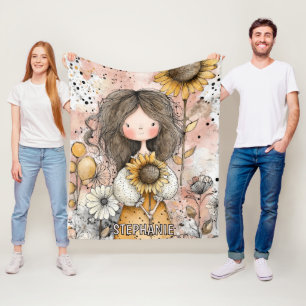 Süßes Mädchen mit Sonnenblume in Senfgelb Fleecedecke