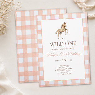 Süßes Mädchen, Pfirsich-Gingham-Pferd zum ersten G Einladung