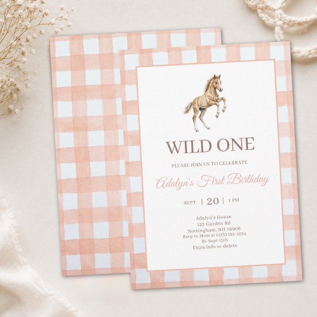 Süßes Mädchen, Pfirsich-Gingham-Pferd zum ersten G Einladung (Von Creator hochgeladen)