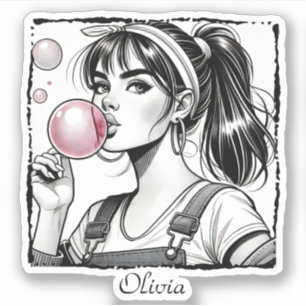 Süßes Mädchen Rosa Blase ,Comic-Spaß,Schwarz & Wei Aufkleber