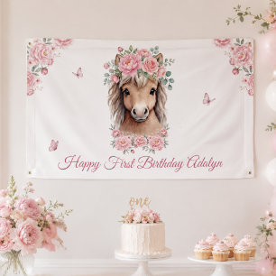 Süßes Mädchen Rosa Florales Pferd Erster Geburtsta Banner