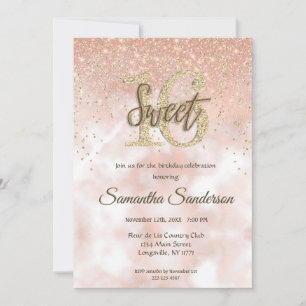 Süßes Mädchen-Rosa-Gold-Glitter-Funkel-Sweet 16 Einladung