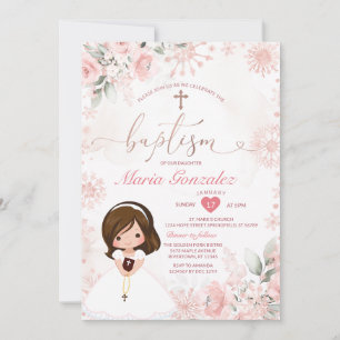 Süßes Mädchen Rosa Roségold Florales Schneeglöckch Einladung