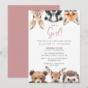 Süßes Mädchen Rosa Waldtiere Baby Shower Einladung