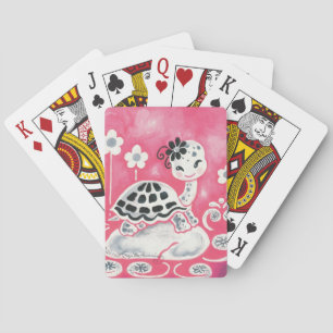 Süßes Mädchen Schildkröte mit Blumen & Spiralen Spielkarten