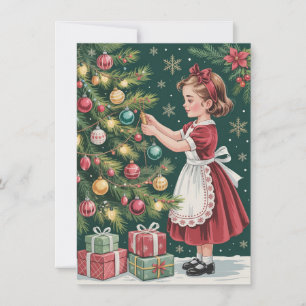 Süßes Mädchen schmückt Baum Vintage-Weihnachten Feiertagskarte