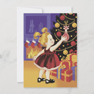Süßes Mädchen schmückt Baum Vintage-Weihnachten    Feiertagskarte
