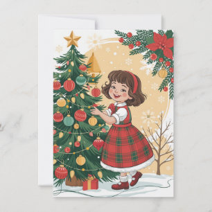 Süßes Mädchen schmückt Baum Vintage-Weihnachten Feiertagskarte