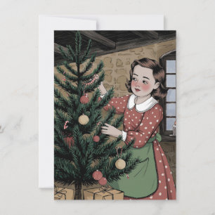 Süßes Mädchen schmückt Weihnachtsbaum im Vintage-S Feiertagskarte