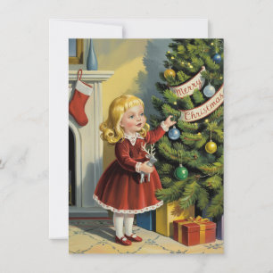 Süßes Mädchen schmückt Weihnachtsbaum im Vintage-S Feiertagskarte