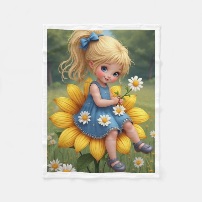 Süßes Mädchen sitzt auf Sonnenblumen-Fliesendecke  Fleecedecke (Vorderseite)