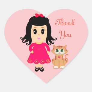 Süßes Mädchen und eine rote Katze auf rosa Danke Herz-Aufkleber
