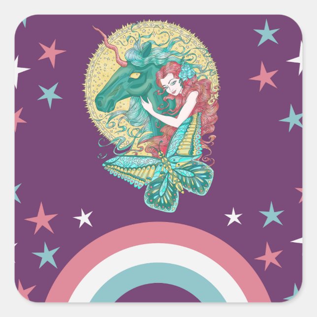 Süßes Mädchen und Einhorn Zeichnend Quadratischer Aufkleber (Vorderseite)