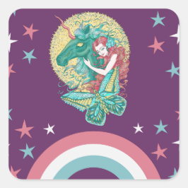 Süßes Mädchen und Einhorn Zeichnend Quadratischer Aufkleber