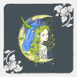 Süßes Mädchen und Einhorn zeichnend Quadratischer Aufkleber