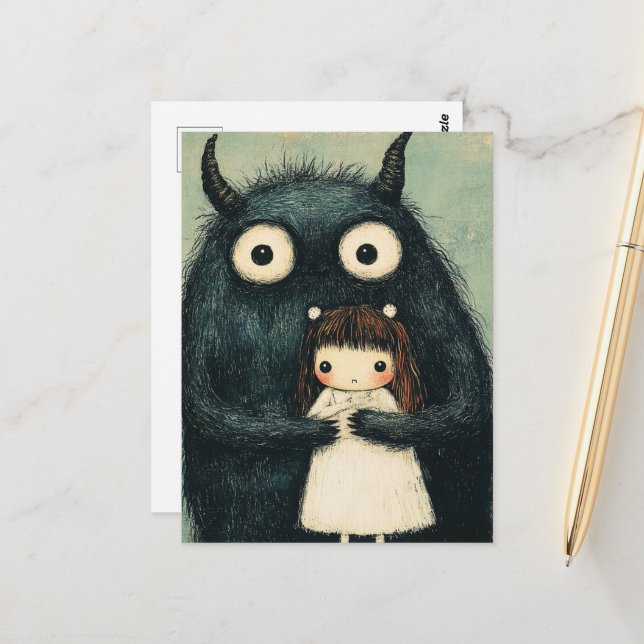 Süßes Mädchen und ihr Monsterfreund Fantasy Postkarte (Vorderseite/Rückseite Beispiel)