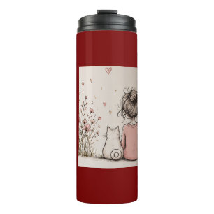 Süßes Mädchen und Katze Thermosbecher